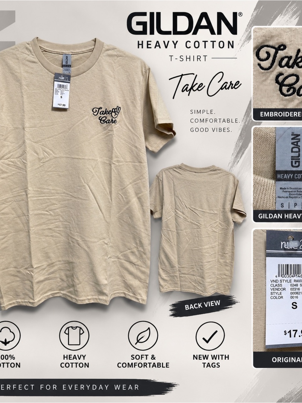 Gildan Heavy Cotton Take Care Embroidered T-Shirt Beige Tan Size S New With Tags
